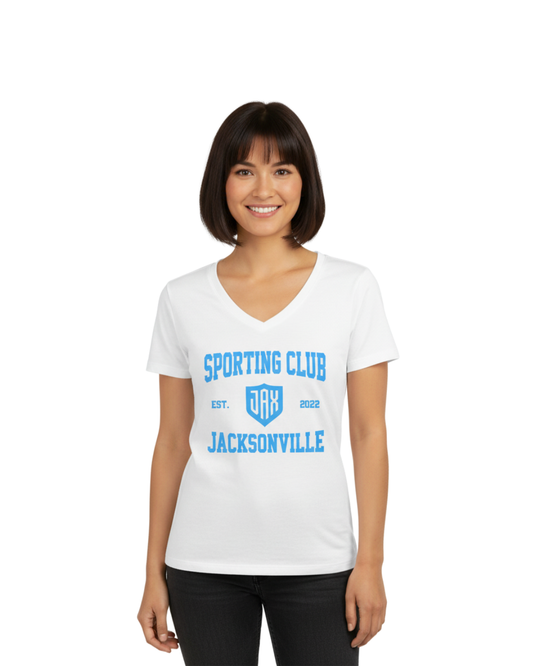 Women's White SJAX Est. 2022 V-Neck Tee