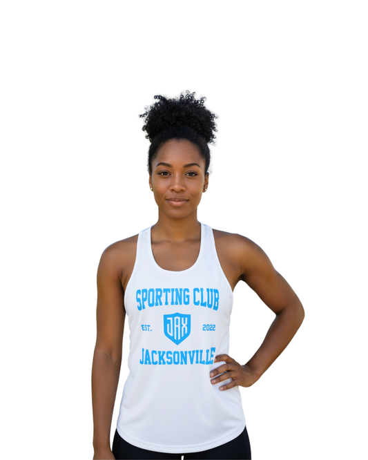 Women's White SJAX Est. 2022 Knot Back Tank Top